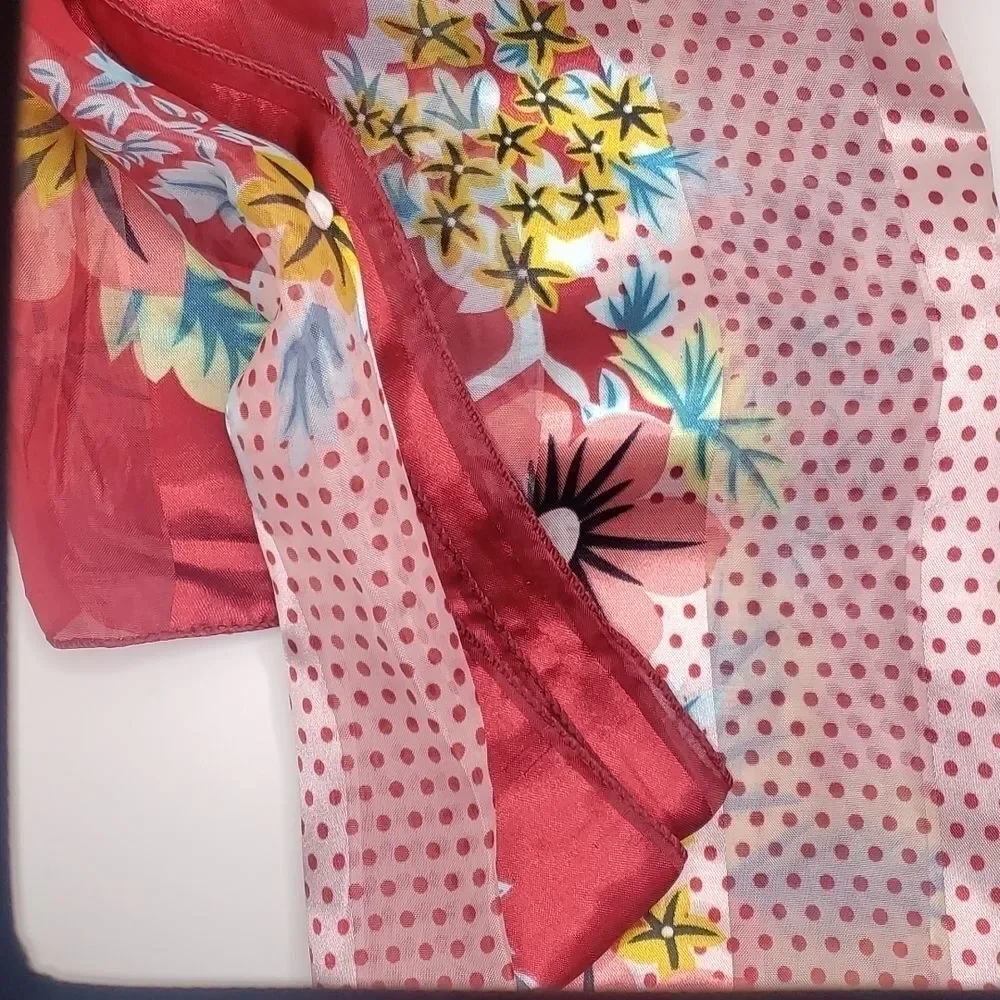 𝅺red summer scarf floral polka-dot silky shawl hair wrap